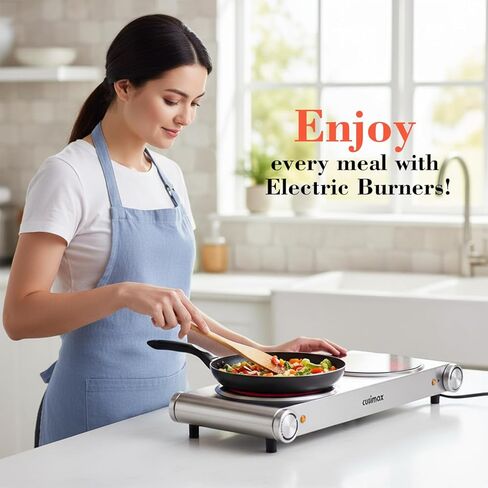 Double Burner, CUSIMAX Electric Burner 1800W Ceramic Hot Plate for Cooking, Glass Plate Infrared Burner, Portable Dual Control Electric Cooktop, Stainless Steel-Upgraded Version in Kuwait