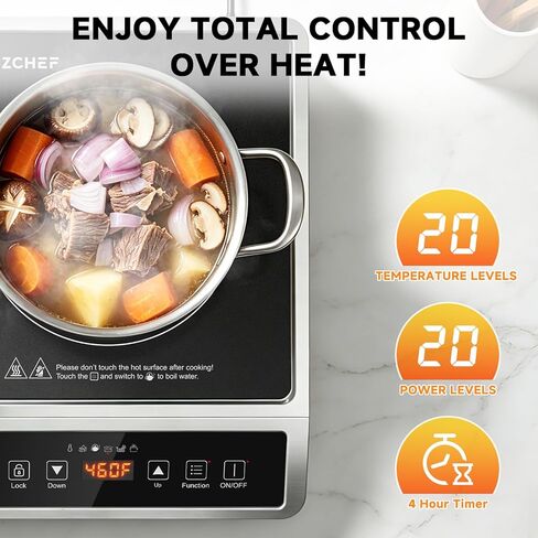 AMZCHEF 1800W Induction Cooktop Commercial: Large 8" Heating Coil Induction Burner with 20 Power & Temperature Levels, Induction Hot Plate with 4 Smart Functions, Induction Stove for Home & Commercial in Kuwait