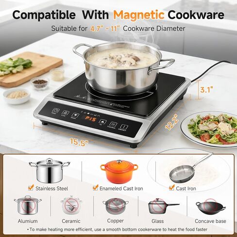 AMZCHEF 1800W Induction Cooktop Commercial: Large 8" Heating Coil Induction Burner with 20 Power & Temperature Levels, Induction Hot Plate with 4 Smart Functions, Induction Stove for Home & Commercial in Kuwait