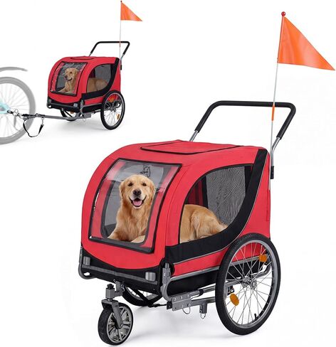 Giantex 2-in-1 Dog Bike Trailer وعربة الحيوانات الأليفة للكلاب الكبيرة - عربة حاملة الحيوانات الأليفة قابلة للطي مع عجلة أمامية وإطارين مملوءين بالهواء، شبكة مسامية، غطاء مطر PVC، سعة 176 رطلاً in Kuwait
