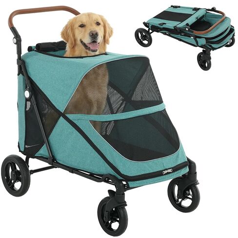 PawHut Dog Stroller for Large Dogs, One-Click Folding 4 Wheel Large Pet Stroller Wagon for Multiple Pets, All Terrain Spring Suspension w/ 8-Position Adjustable Handle, Mesh Window, Up to 66 LBS, Teal in Kuwait