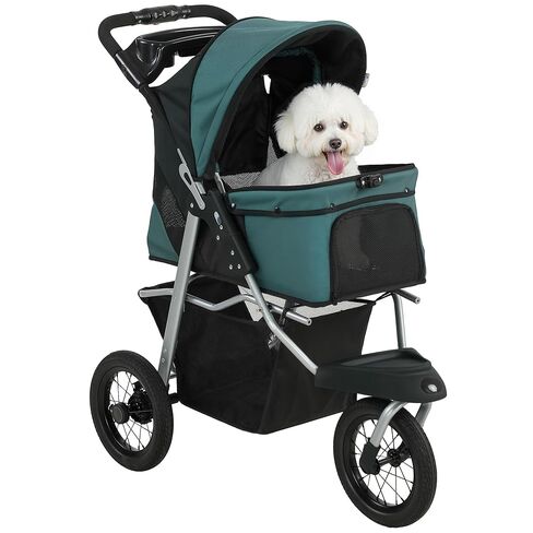 PawHut Dog Stroller for Small Dogs, 3 Wheel Foldable Pet Stroller with 12" Rubber Wheels, Mesh Window, One-Foot Brake, Storage Basket and Cup Holder, Up to 22 LBS, Light Gray in Kuwait