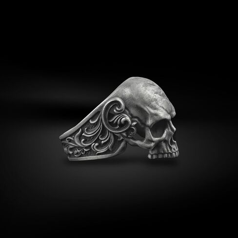 BySilverStone - Skull and Leaves Silver Biker Ring, Gothic Gift Jewelry in Kuwait