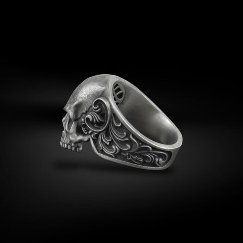 BySilverStone - Skull and Leaves Silver Biker Ring, Gothic Gift Jewelry in Kuwait