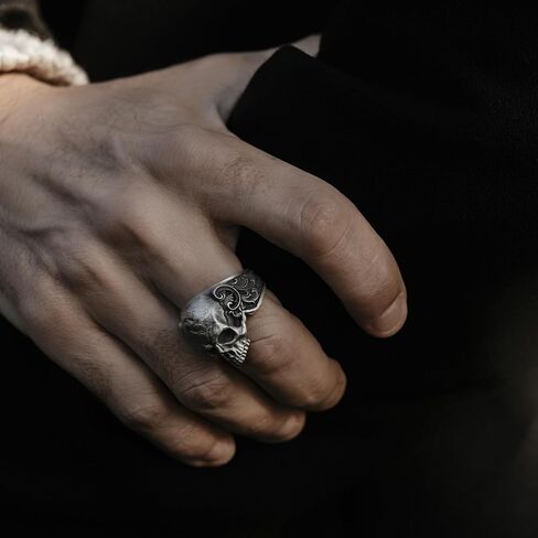 BySilverStone - Skull and Leaves Silver Biker Ring, Gothic Gift Jewelry in Kuwait