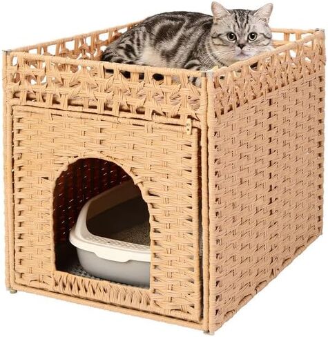 Cat Litter Box Enclosure Furniture, Hidden Litter Box Cat House with Litter Mat, Dog Proof Handwoven Rattan Indoor Cat House for Odor Control & Privacy, Stylish Cat Furniture for Living Room & Bedroom in Kuwait