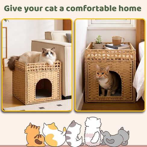 Cat Litter Box Enclosure Furniture, Hidden Litter Box Cat House with Litter Mat, Dog Proof Handwoven Rattan Indoor Cat House for Odor Control & Privacy, Stylish Cat Furniture for Living Room & Bedroom in Kuwait