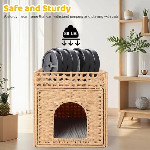 Cat Litter Box Enclosure Furniture, Hidden Litter Box Cat House with Litter Mat, Dog Proof Handwoven Rattan Indoor Cat House for Odor Control & Privacy, Stylish Cat Furniture for Living Room & Bedroom in Kuwait