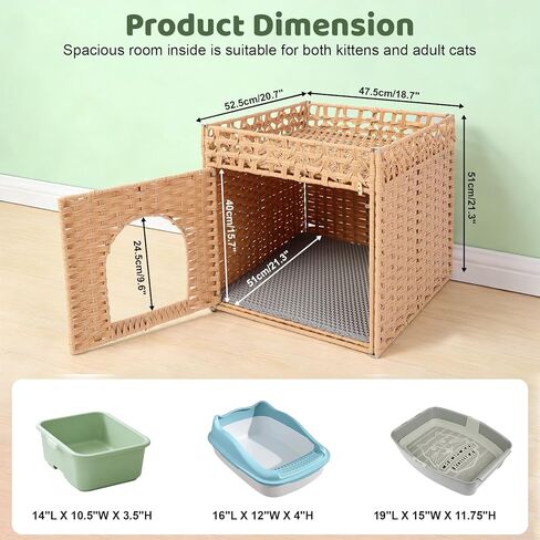 Cat Litter Box Enclosure Furniture, Hidden Litter Box Cat House with Litter Mat, Dog Proof Handwoven Rattan Indoor Cat House for Odor Control & Privacy, Stylish Cat Furniture for Living Room & Bedroom in Kuwait