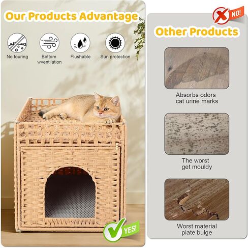 Cat Litter Box Enclosure Furniture, Hidden Litter Box Cat House with Litter Mat, Dog Proof Handwoven Rattan Indoor Cat House for Odor Control & Privacy, Stylish Cat Furniture for Living Room & Bedroom in Kuwait