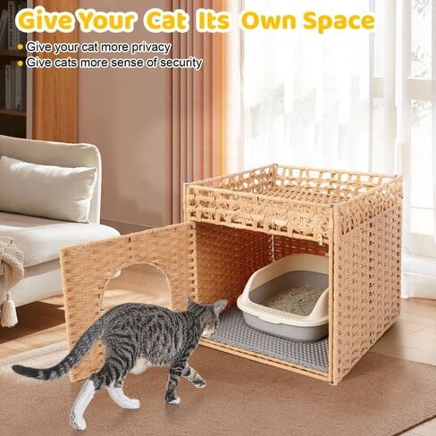 Cat Litter Box Enclosure Furniture, Hidden Litter Box Cat House with Litter Mat, Dog Proof Handwoven Rattan Indoor Cat House for Odor Control & Privacy, Stylish Cat Furniture for Living Room & Bedroom in Kuwait