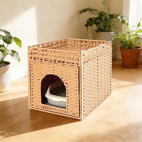 Cat Litter Box Enclosure Furniture, Hidden Litter Box Cat House with Litter Mat, Dog Proof Handwoven Rattan Indoor Cat House for Odor Control & Privacy, Stylish Cat Furniture for Living Room & Bedroom in Kuwait