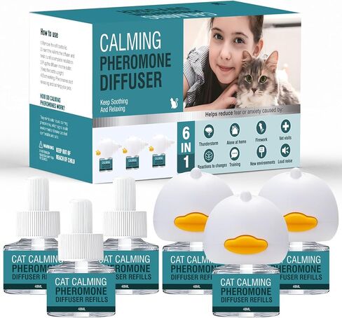Cat Calming Diffuser 6 in 1 Multicat Calming Pheromones Diffusers Relief Stress Anxiety Fighting Scratching 90 Days Calm Relaxing Pheromone for Cats kit 48ml Refill Fits All Common Diffuser Plug In in Kuwait