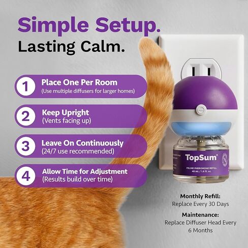 TopSum Cat Calming Pheromone Diffuser: Feline Pheromones Plug in for Stress, Along At Home, Spraying, Fighting, Scratching, Aggression & Excessive Meowing (3 Diffusers + 3 Refills) in Kuwait