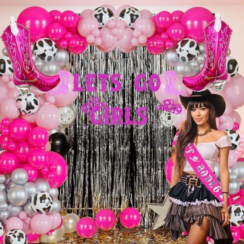 Cowgirl Balloons Arch Garland Kit For Last Rodeo Bachelorette Sash Supply Birthday Party Decorations,Hot Pink Rose Red Silver Cow Print Cowgirl Boot Disco Ball Balloon,Let’S Go Girl Banner Backdrop in Saudi Arabia