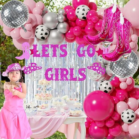 Cowgirl Balloons Arch Garland Kit For Last Rodeo Bachelorette Sash Supply Birthday Party Decorations,Hot Pink Rose Red Silver Cow Print Cowgirl Boot Disco Ball Balloon,Let’S Go Girl Banner Backdrop in Saudi Arabia