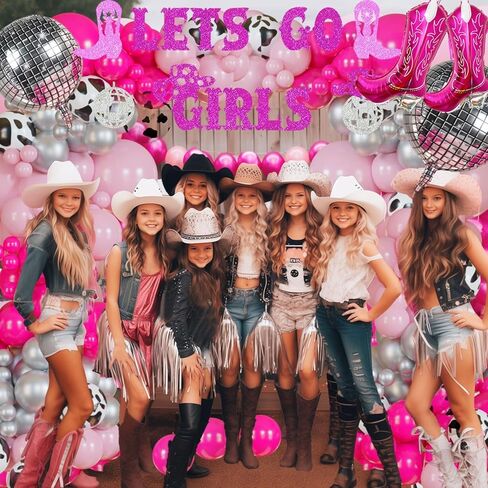 Cowgirl Balloons Arch Garland Kit For Last Rodeo Bachelorette Sash Supply Birthday Party Decorations,Hot Pink Rose Red Silver Cow Print Cowgirl Boot Disco Ball Balloon,Let’S Go Girl Banner Backdrop in Saudi Arabia