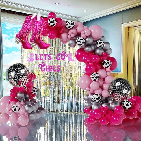 Cowgirl Balloons Arch Garland Kit For Last Rodeo Bachelorette Sash Supply Birthday Party Decorations,Hot Pink Rose Red Silver Cow Print Cowgirl Boot Disco Ball Balloon,Let’S Go Girl Banner Backdrop in Saudi Arabia