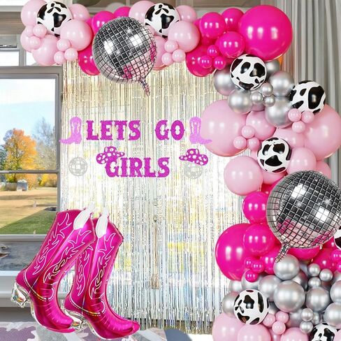 Cowgirl Balloons Arch Garland Kit For Last Rodeo Bachelorette Sash Supply Birthday Party Decorations,Hot Pink Rose Red Silver Cow Print Cowgirl Boot Disco Ball Balloon,Let’S Go Girl Banner Backdrop in Saudi Arabia