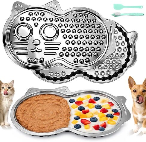 Lick Mat for Dogs & Cats, Stainless Steel Slow Feeder with Suction Cups Spatula Brush, Non-Slip Pet Licking Mat for Crate Boredom & Anxiety Relief in Kuwait