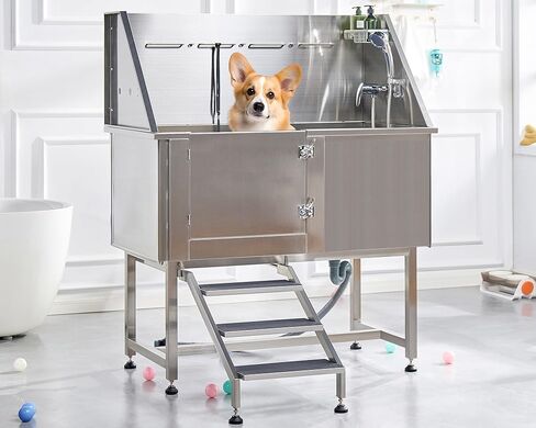 Albott 50-Inch Stainless Steel Dog Washing Station with Anti-Slip Steps, Sprayer, Faucet, and Soap Box – Professional Pet Bathtub for Medium/Small Pets, Ideal for Home, Garage, and Grooming(Left) in Kuwait