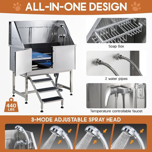 Albott 50-Inch Stainless Steel Dog Washing Station with Anti-Slip Steps, Sprayer, Faucet, and Soap Box – Professional Pet Bathtub for Medium/Small Pets, Ideal for Home, Garage, and Grooming(Left) in Kuwait