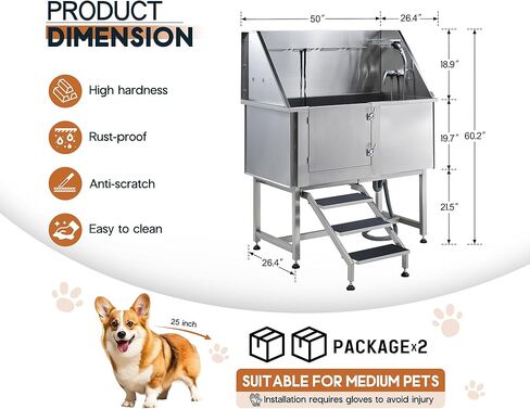Albott 50-Inch Stainless Steel Dog Washing Station with Anti-Slip Steps, Sprayer, Faucet, and Soap Box – Professional Pet Bathtub for Medium/Small Pets, Ideal for Home, Garage, and Grooming(Left) in Kuwait