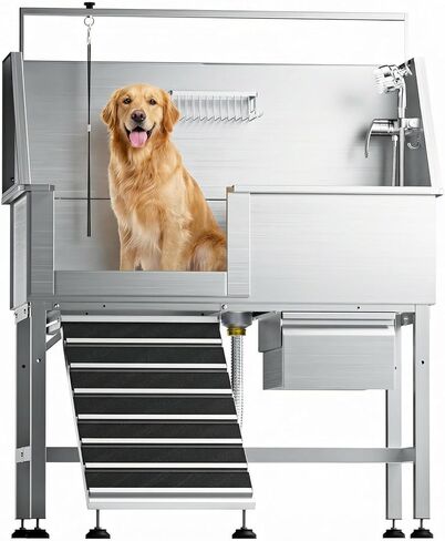 46" Dog Washing Station for Home,Professional Stainless Steel Dog Bathing Station Height Adjustable Do g Grooming Tub with Ramp, Drawer, Floor Grate & Fauct(Left Ramp) in Kuwait