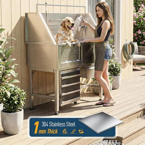 46" Dog Washing Station for Home,Professional Stainless Steel Dog Bathing Station Height Adjustable Do g Grooming Tub with Ramp, Drawer, Floor Grate & Fauct(Left Ramp) in Kuwait