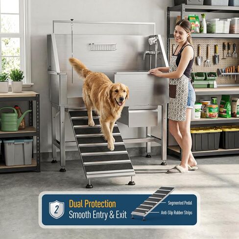 46" Dog Washing Station for Home,Professional Stainless Steel Dog Bathing Station Height Adjustable Do g Grooming Tub with Ramp, Drawer, Floor Grate & Fauct(Left Ramp) in Kuwait