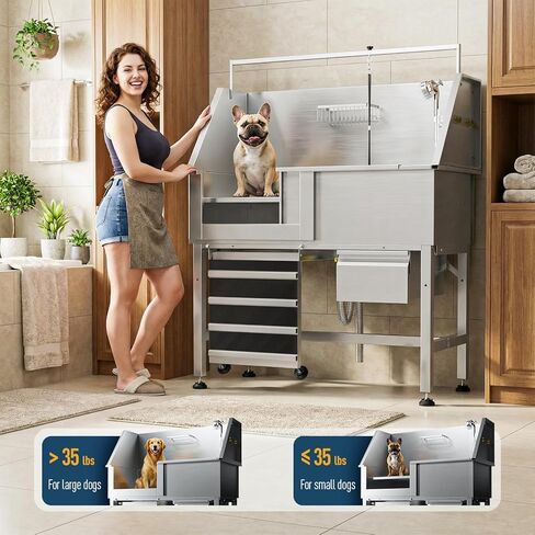 46" Dog Washing Station for Home,Professional Stainless Steel Dog Bathing Station Height Adjustable Do g Grooming Tub with Ramp, Drawer, Floor Grate & Fauct(Left Ramp) in Kuwait