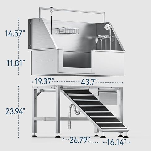46" Dog Washing Station for Home,Professional Stainless Steel Dog Bathing Station Height Adjustable Do g Grooming Tub with Ramp, Drawer, Floor Grate & Fauct(Left Ramp) in Kuwait