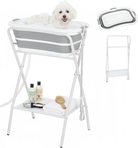PawHut 2 in 1 Dog Bath Tub, Dog Washing Station for Bathing and Grooming, Elevated Shower Bath Tub, Collapsible Foldable Portable Bathtub for Small Dogs Puppy Cats Pet, Indoor and Outdoor in Kuwait