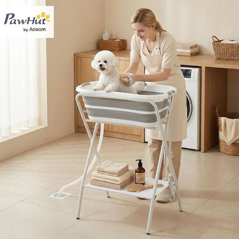 PawHut 2 in 1 Dog Bath Tub, Dog Washing Station for Bathing and Grooming, Elevated Shower Bath Tub, Collapsible Foldable Portable Bathtub for Small Dogs Puppy Cats Pet, Indoor and Outdoor in Kuwait