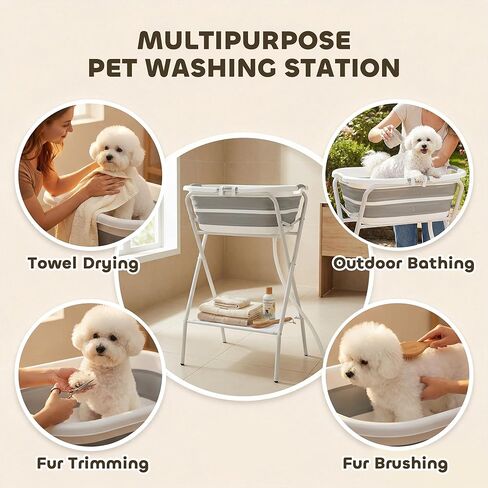 PawHut 2 in 1 Dog Bath Tub, Dog Washing Station for Bathing and Grooming, Elevated Shower Bath Tub, Collapsible Foldable Portable Bathtub for Small Dogs Puppy Cats Pet, Indoor and Outdoor in Kuwait