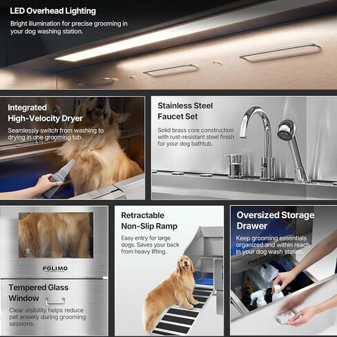 محطة غسيل الكلاب بوليمو مع مجفف مدمج للحيوانات الأليفة وشاشة LED مقاس 50 بوصة (المنحدر الأيمن)، حوض استحمام للكلاب من الفولاذ المقاوم للصدأ 304 للكلاب الصغيرة والمتوسطة الكبيرة، حوض غسيل وتجفيف مع صنبور، درج تخزين in Kuwait