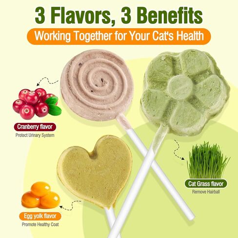 21pc Cat Lollipop Treats, Cat Grass Treats High Protein Nutrient Rich for Hairball Control and Healthy Coat, Cat Treats with Catgrass, Cranberry, Egg Yolk Flavor in Kuwait