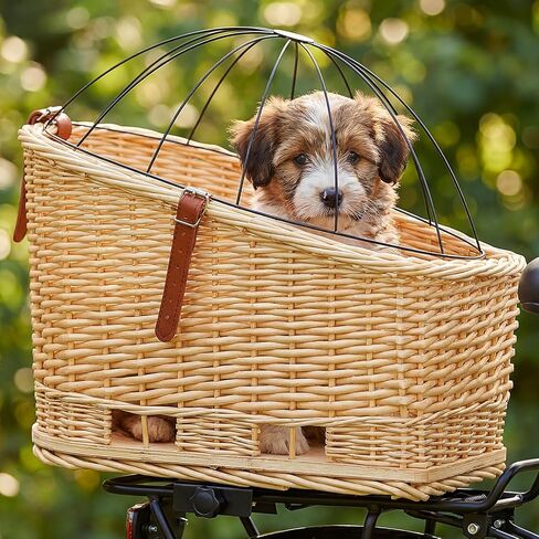 Geetery Wicker Dog Bike Basket with Protective Grille Liner Natural Wicker Doggy Basket for Cats Dogs Pets for Secure Bicycle Rear Luggage Rack in Kuwait