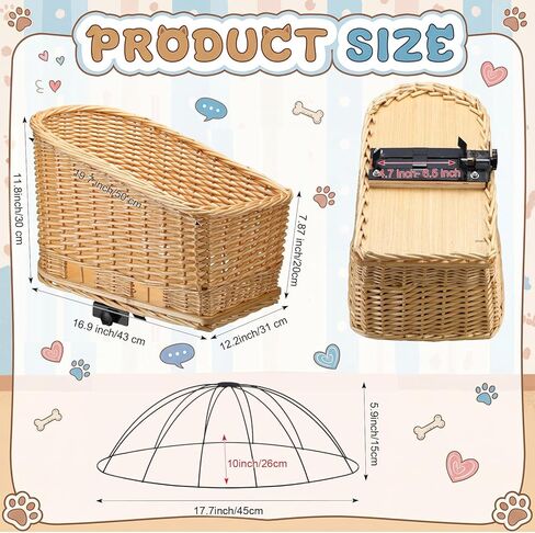 Geetery Wicker Dog Bike Basket with Protective Grille Liner Natural Wicker Doggy Basket for Cats Dogs Pets for Secure Bicycle Rear Luggage Rack in Kuwait