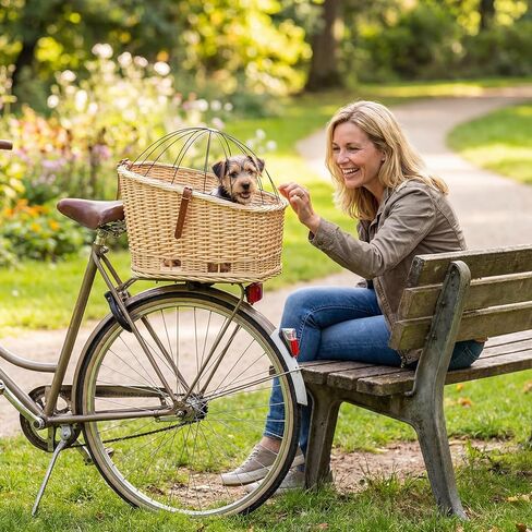 Geetery Wicker Dog Bike Basket with Protective Grille Liner Natural Wicker Doggy Basket for Cats Dogs Pets for Secure Bicycle Rear Luggage Rack in Kuwait