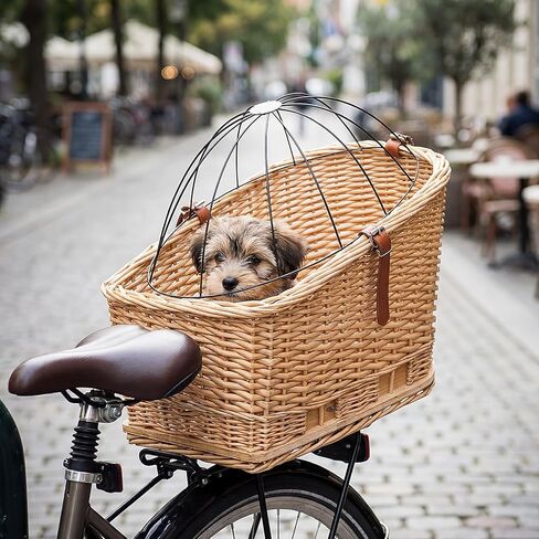 Geetery Wicker Dog Bike Basket with Protective Grille Liner Natural Wicker Doggy Basket for Cats Dogs Pets for Secure Bicycle Rear Luggage Rack in Kuwait
