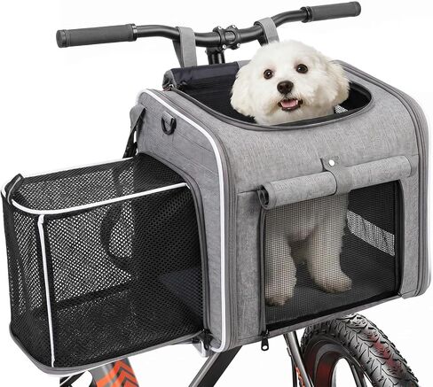 Dog Bike Basket Pet Carrier Backpack 3-in-1, Foldable Expandable Cat Carrier for Bicycle Handlebar, Soft-Sided Breathable Mesh Travel Bag for Small Dogs Cats Up to 18 lbs, Gray in Kuwait