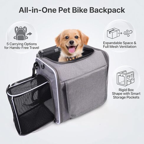 Dog Bike Basket Pet Carrier Backpack 3-in-1, Foldable Expandable Cat Carrier for Bicycle Handlebar, Soft-Sided Breathable Mesh Travel Bag for Small Dogs Cats Up to 18 lbs, Gray in Kuwait