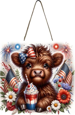 Wood Mini Sign, Cute 4th of July Highland Cow Wall Art Wood Kitchen Sign, Tier Tray Decor Sign in Kuwait