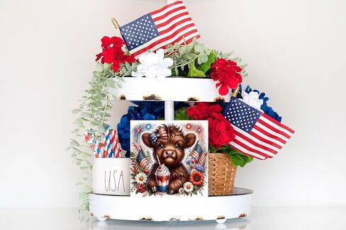 Wood Mini Sign, Cute 4th of July Highland Cow Wall Art Wood Kitchen Sign, Tier Tray Decor Sign in Kuwait