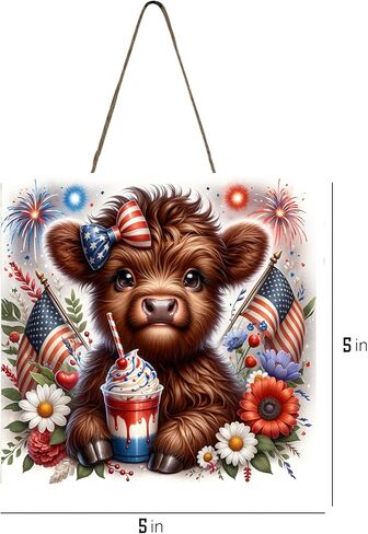 Wood Mini Sign, Cute 4th of July Highland Cow Wall Art Wood Kitchen Sign, Tier Tray Decor Sign in Kuwait