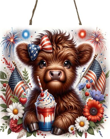 Wood Mini Sign, Cute 4th of July Highland Cow Wall Art Wood Kitchen Sign, Tier Tray Decor Sign in Kuwait