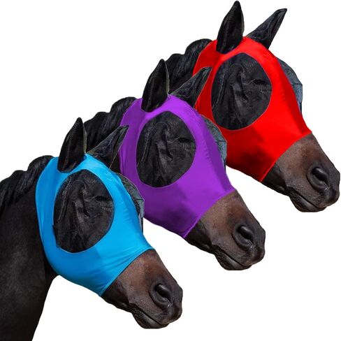 Fly Masks for Horses with Ears Set of 3, Comfort Fit Stretchy Fabric with UV Protection Soft on Skin Breathability for Average Size Horses (Blue-Purple-Red) in Kuwait