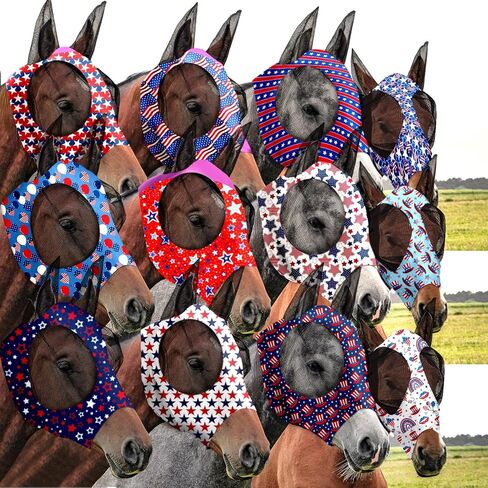 12 Pcs 4th of July Horse Fly Mask with Ears 250th Anniversary Patriotic Fly Mask for Horses Smooth Comfortable Elasticity UV Protection Face Covering for Memorial Day(Large) in Saudi Arabia