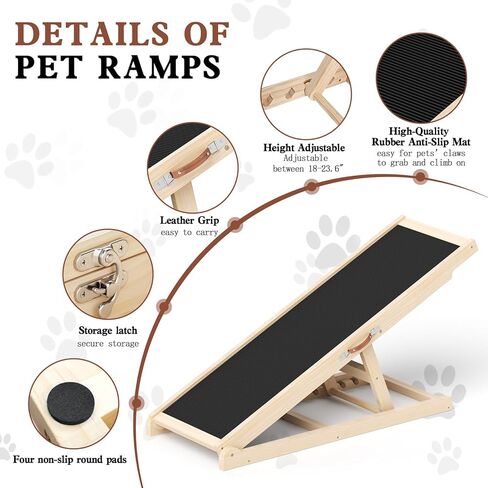 Dog Ramp for Couch, Bed, Car, Adjustable Pet Ramps 6 Height from 18" to 23.6" Wooden Dog Step with High Traction Mat & Sturdy Build for Small Medium Older Pets, Supports up to 200lbs in Kuwait